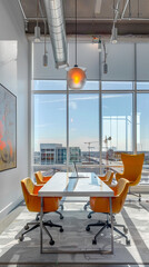 A sleek office room is bathed in natural light, with modern furnishings and vivid pops of color...