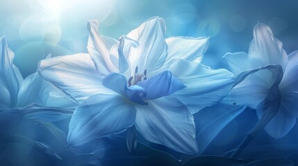   A painting of blue and white flowers against a blue backdrop, illuminated by light filtering through their centers