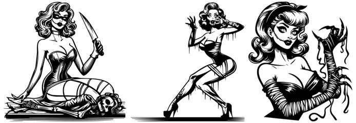 horror zombie pinup woman retro style, black vector nocolor silhouette, pin up girl vintage monochrome clipart illustration, laser cutting engraving old style