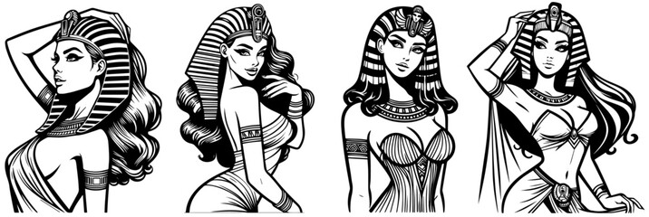 egyptian pin-up girl vintage style, black silhouette vector, comic cute woman shape print, monochrome clipart retro pin up illustration, laser cutting engraving nocolor