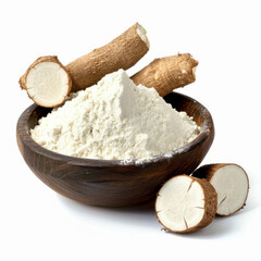 White background showcases cassava flour in a bowl, no shadow or reflection, perfect for culinary projects. AI generative
