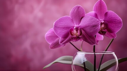   Two purple orchids in a glass vase against a pink backdrop