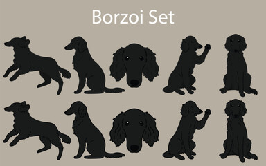 Cute and simple black Borzoi illustrations set