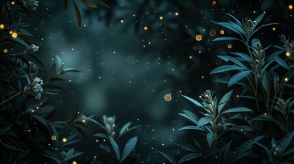   A night scene filled with numerous stars and lights in the sky Foreground teems with an abundance of plants and leaves