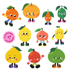 Cute cartoon citruses illustrations vector set on a white background.