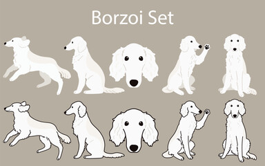 Cute and simple cream Borzoi illustrations set