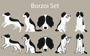 Obraz premium Cute and simple black and white Borzoi illustrations set
