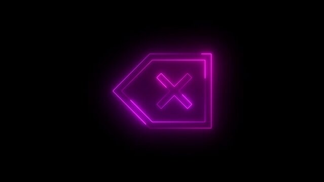Neon glowing pink color backspace icon on black background animation