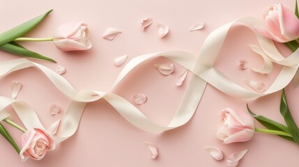   Pink tulips with white ribbons and petals against a light pink background A heart-shaped white ribbon is added