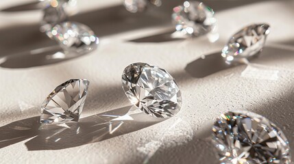 An elegant close-up of variously cut and sized diamonds arranged neatly against a light background.

 - obrazy, fototapety, plakaty