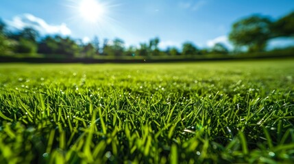A vibrant close-up of a green lawn under the sunshine with a clear blue sky in the background.

