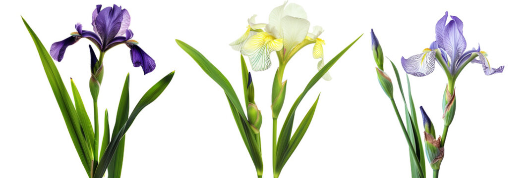 set of irises with sword-like leaves, isolated on transparent background