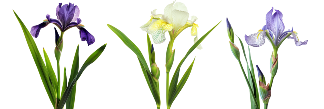 set of irises with sword-like leaves, isolated on transparent background