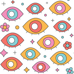 Trippy eye seamless pattern. Groovy abstract retro background. Bright illustrations