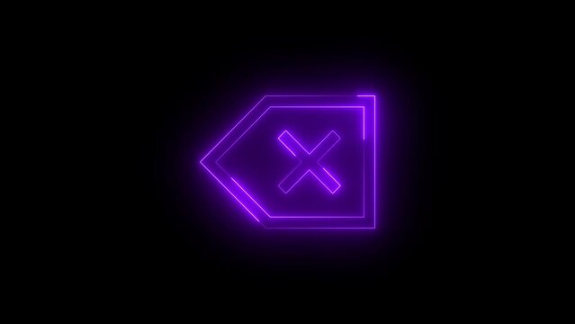 Neon glowing purple color backspace icon on black background animation