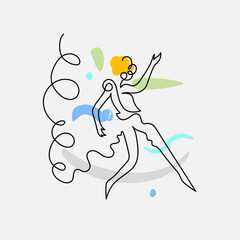 This abstract art piece captures the dynamic essence of dance through a silhouette of a figure surrounded by a whirlwind of colorful shapes. Continuous line.