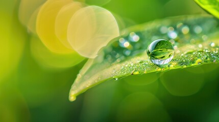 An enchanting image of a dewdrop on a leaf, reflecting a young sprout inside it, encapsulating nature's detail and beauty.

