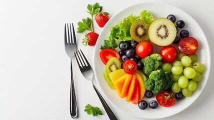 Healthy fruit and vegetable salad Clean food to lose weight Mixed vegetables and fruits on a plate.