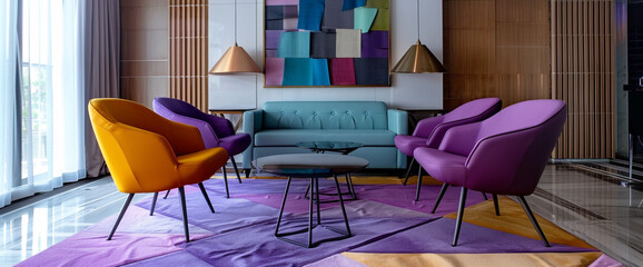 A sleek, contemporary lounge area with a bold, geometric rug in shades of purple and teal, surrounded by minimalist furnishings and plenty of copy space.