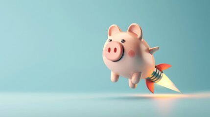 3D piggy bank flying with a rocket engine, concept: savings growth, light blue background, copy and text space, 16:9