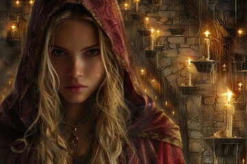 Fototapeta premium A woman with long blond hair and a red hooded cloak stands in a room with stone walls and lit candles, looking at the camera.