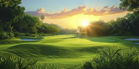Explore the artful depiction of golf swing positions amidst a serene dawn landscape, ideal for enhancing sports training manuals.