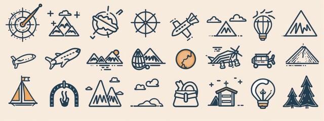 A series of line art icons representing various aspects of travel and adventure.