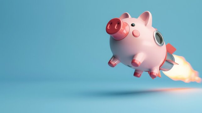3D piggy bank flying with a rocket engine, concept: savings growth, light blue background, copy and text space, 16:9