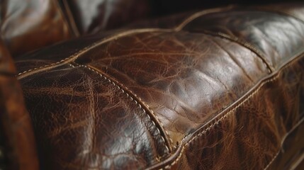   A tight shot of a brown leather couch, showcasing its intricate stitching design on the backrest and arm