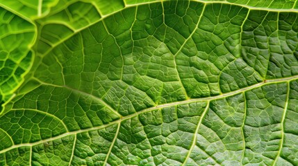 A macro close-up of a fresh green leaf, capturing its intricate texture and vibrant color