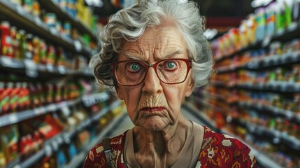 An elderly angry woman with gray hair and glasses stands in the aisle of a grocery store. - Powered by Adobe