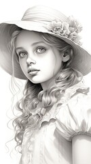 A pencil drawing of a girl with long curly hair, wearing a hat with flowers on it. She is looking to the side, and her lips are slightly parted.