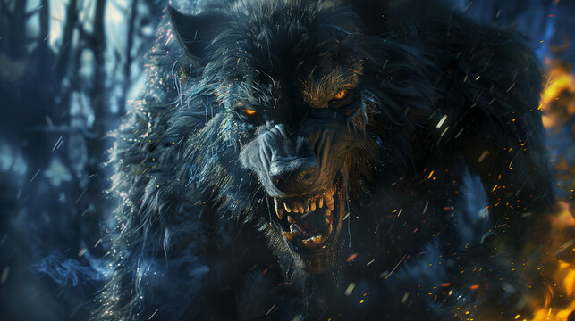 Snarling werewolf with glowing eyes and fiery background.