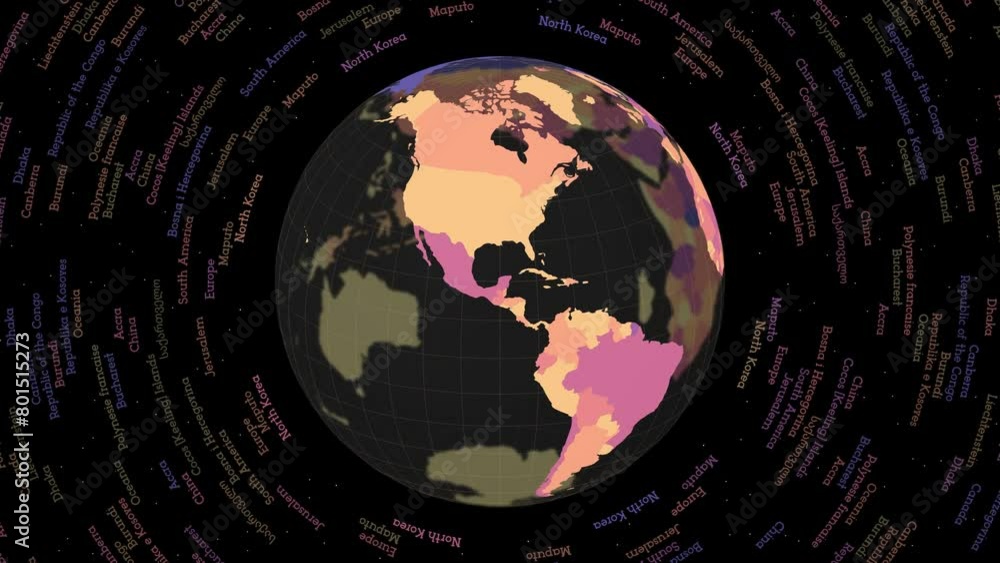 Poster rotating globe. dark translucent globe with round geographical names text. appealing spinning planet
