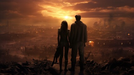 In the photo, a man and a woman stand holding hands on a hill overlooking the ruins of the city. The sky is orange, smokestacks billow.