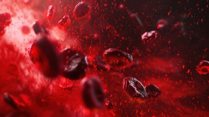 A detailed 3D illustration depicting red blood cells flowing through a vessel, highlighting their structure and movement