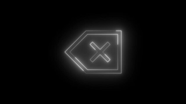 Neon glowing white color backspace icon on black background animation