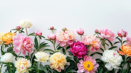 Vibrant Peony Bush: Colorful Blooms on White Background