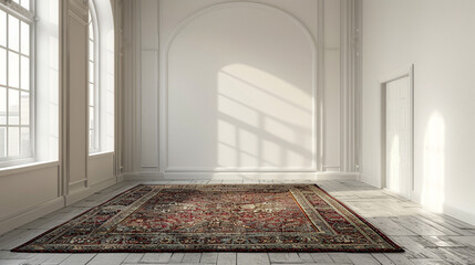 A single, vibrant rug adorning the floor of an empty, elegant room, adding warmth and texture to the space.