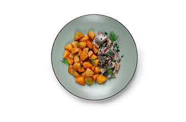 new potatoes, with pickled herring, and red onions, homemade, no people,