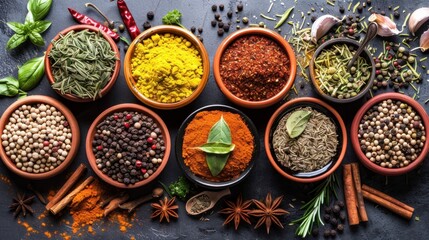 A diverse collection of spices and herbs, showcasing their vibrant colors and varied textures