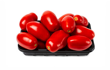 plum-shaped tomatoes, fresh, in a black plastic container, on a white background, isolate,