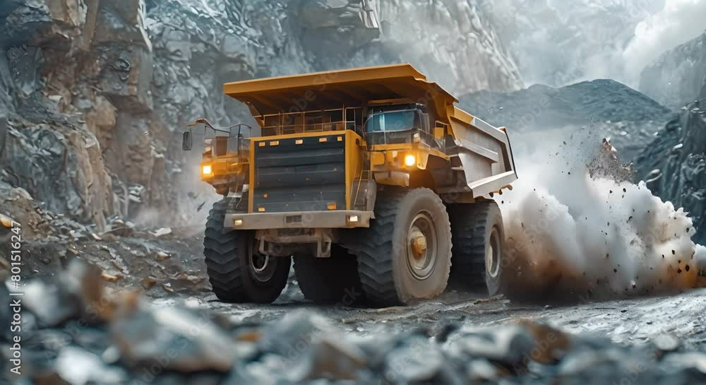 Poster realistic image of open pit mining with large yellow dump truck extracting coal. concept mining indu