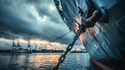 A close-up photo of a ship's bow entering the port, focus on the ship details against a busy port background, dramatic cloud-filled sky, Generative AI