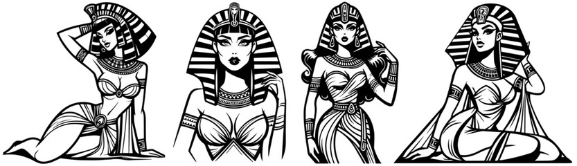 egyptian pinup woman retro style, black vector nocolor silhouette, pin up girl vintage monochrome clipart illustration, laser cutting engraving old style, comic character design, print contour drawing