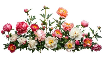 Vibrant Peony Bush: Colorful Blooms on White Background