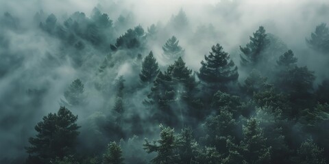 A foggy forest showcasing a dense population of towering trees