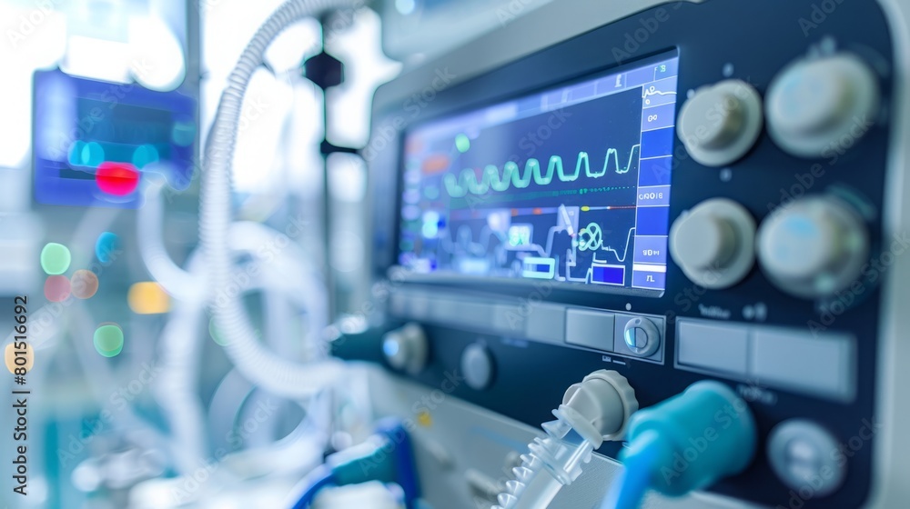 Aufkleber a medical machine is connected to a monitor, displaying vital signs and data in a hospital setting.