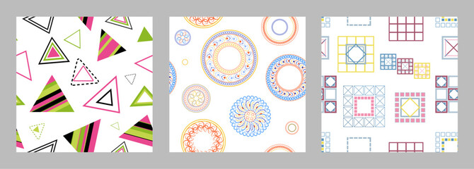 Seamless pattern of geometric shapes. Bright seamless pattern. Set of 3 patterns. Design for fabric, wallpaper, wrapping paper. Vector