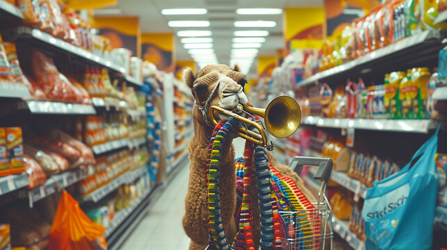 An unexpected scene captured by an HD camera, featuring a camel confidently playing the trumpet amidst the aisles of a grocery store. In the style of Nicholas Price, the vibrant colors and dynamic com